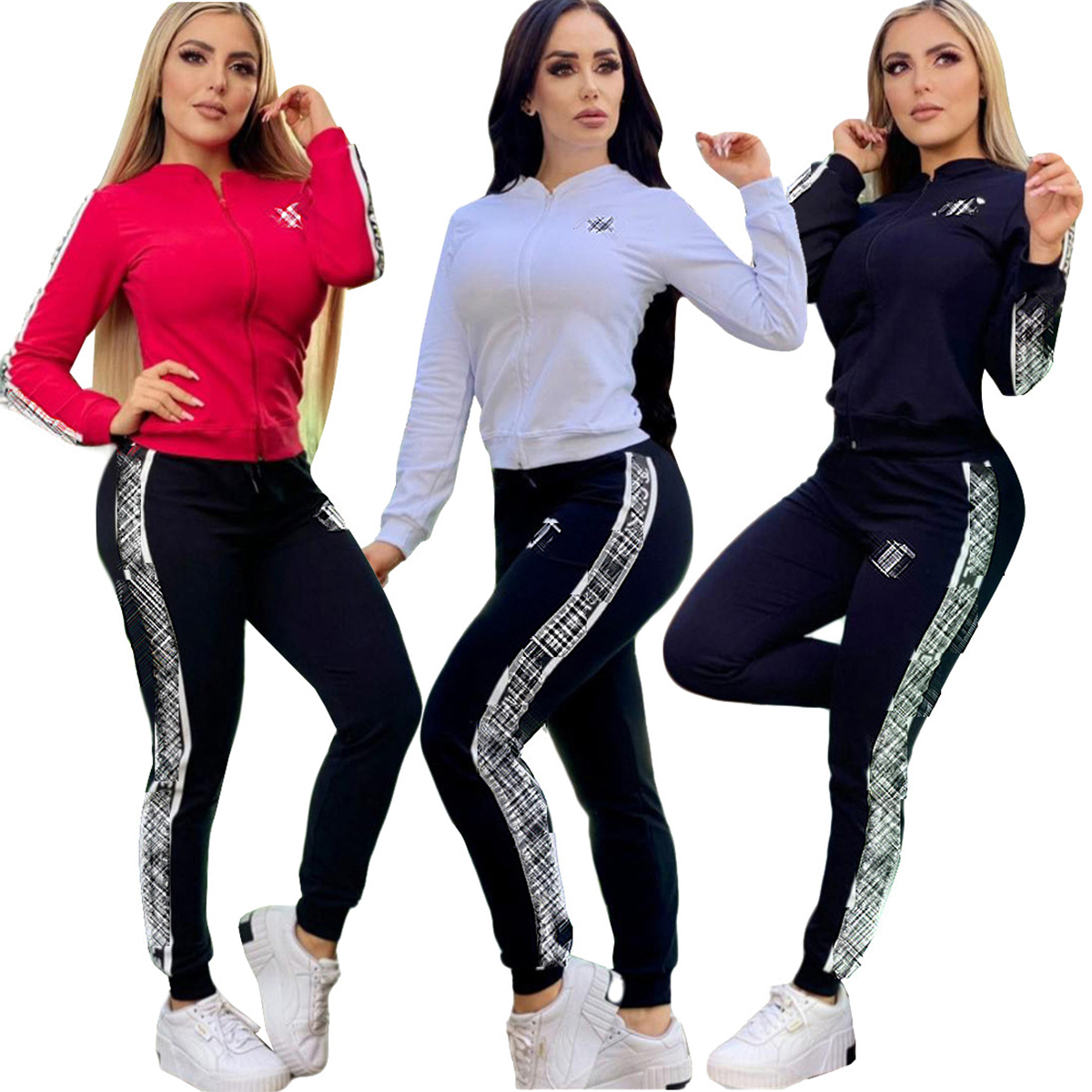 

J2572 Fashion Spring Printed Tracksuits For Women Long Sleeve Cardigan Zipper Sweater Tops And Slim Pants Casual Brand 2 Piece Sets, Black