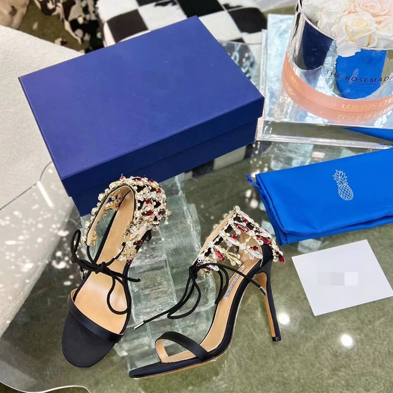 

Aquazzura high heeled for womens satin sandals Designer Rhinestone studded heel shoe top quality Leather sole sandal Abnormal 9.5CM Heels Sandals 35-41size, Box