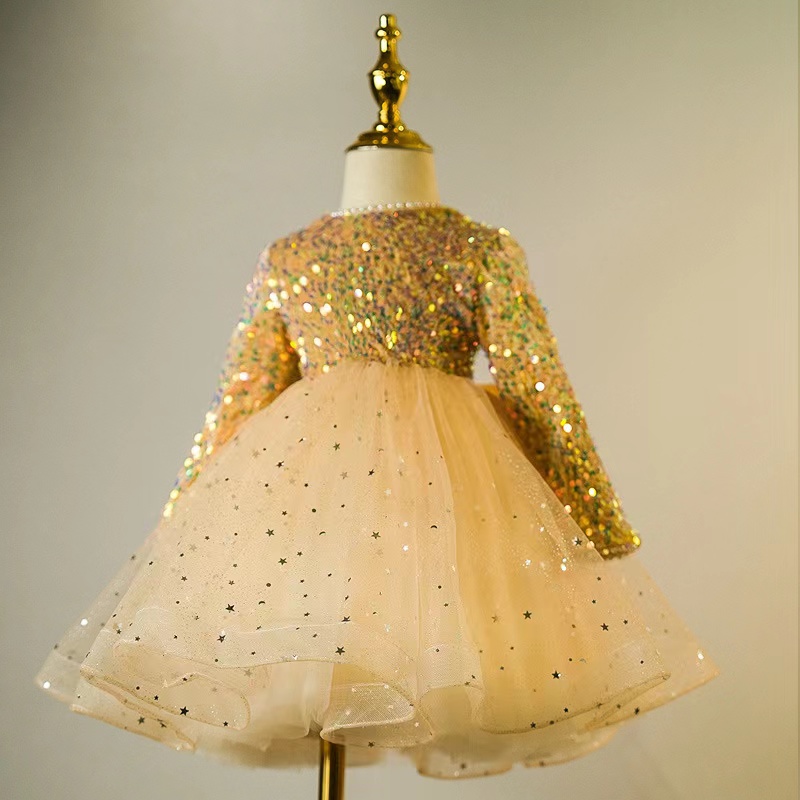 Robes de filles de fleur d'or pour le mariage 2023 dentelle appliques volants enfants vêtements de cérémonie sans manches longues robes de recons