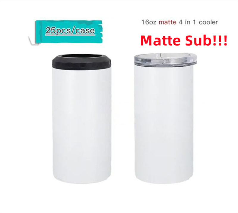 

US Warehouse!!! 4 in 1 16oz Sublimation MATTE Can Cooler Straight Tumbler Stainless Steel Glossy Can Insulator Vacuum Insulated Bottle Cold Insulation Can with 2 lids, 16oz glossy can cooler