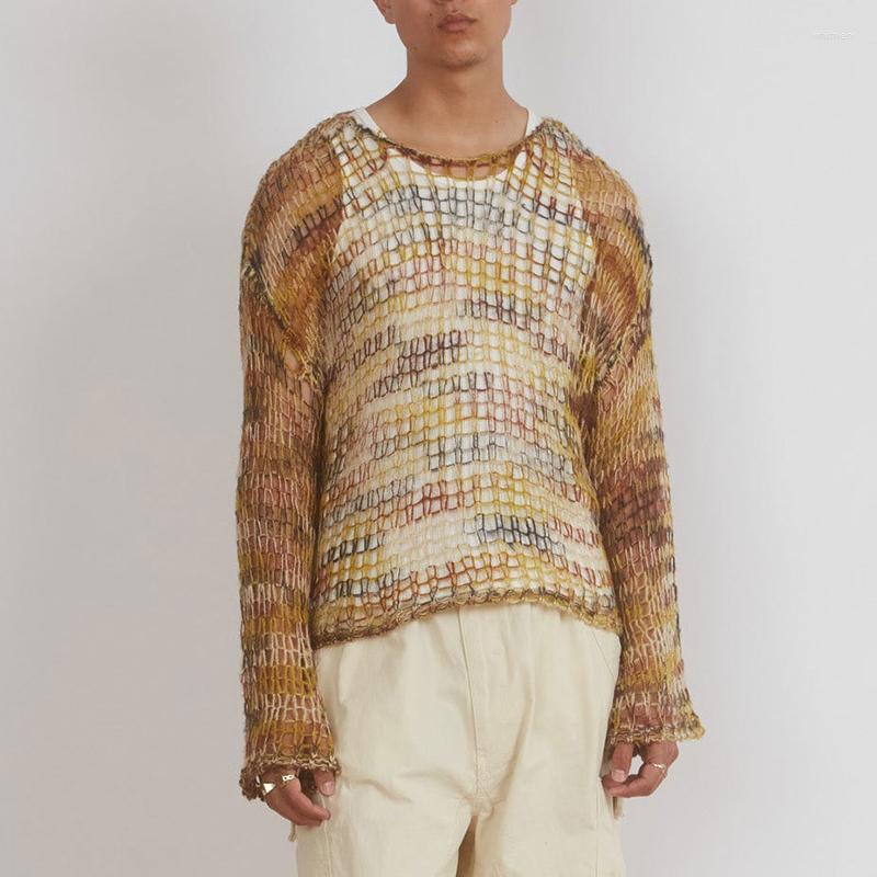 

Men' T Shirts Fashion O Collar Long Sleeve Men T-shirt Sexy Hollow Slightly Transparent Thin Sweater Casual Loose Stretch Tie Dye Top 2023, 03 yellow