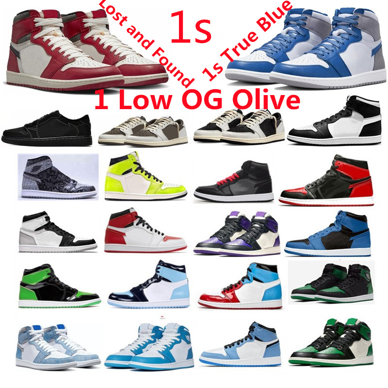 

1 Olive Chicago Lost and Found Basketball Shoes 1s High Mid Low Travis Scott Black Phantom Reverse Mocha Bred Banned Royal Hyper Toe Celtics Blue Mens Sneaker With Box, 1s shattered backboard