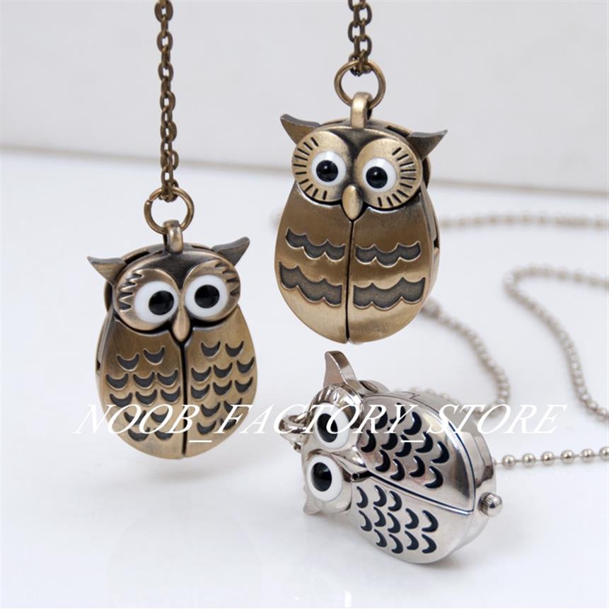 

New Quartz Vintage Open and Close Owl Pocket Watch Necklace Retro Jewelry Whole Sweater Chain Fashion Hanging Watch Copper Col283i, 10 pcs