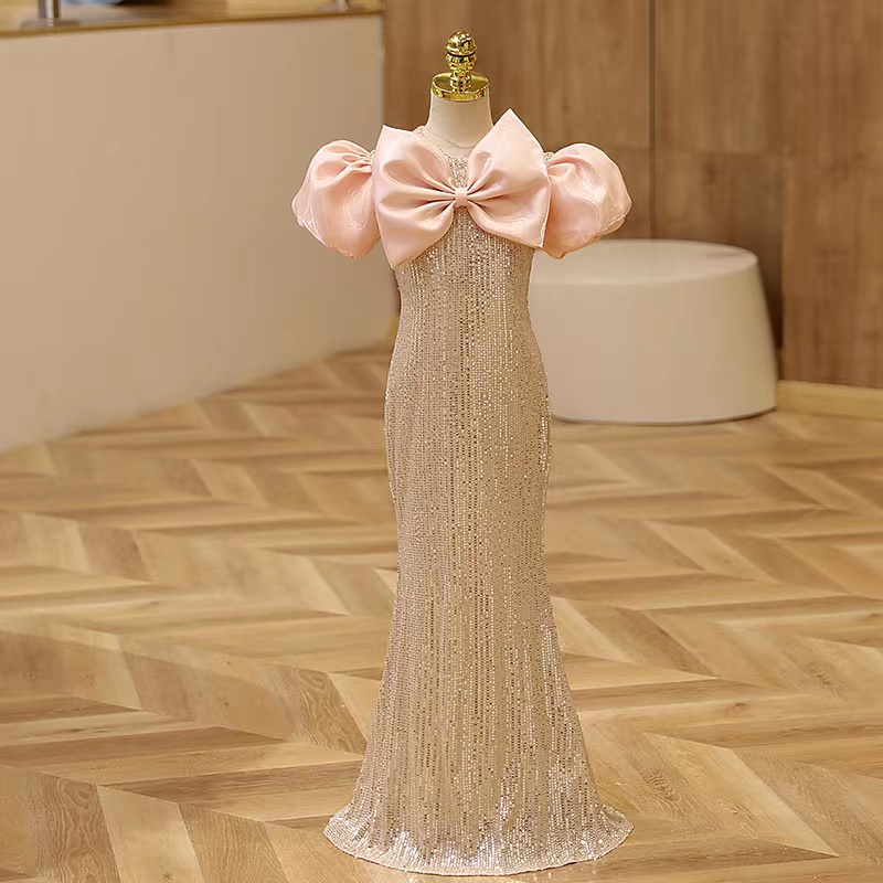 2023 Hot Pink Puffy Fleur Filles Robes 3D Fleur Col En V À Manches Longues Enfants Adolescents Pageant Robes Paillettes Robe De Fête D'anniversai