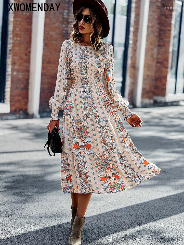 

Casual Dresses Elegant Floral Print Dress Woman Red Big Hem Ruffle Boho Midi Spring Autumn Fashion A-line For Women 2023, Green