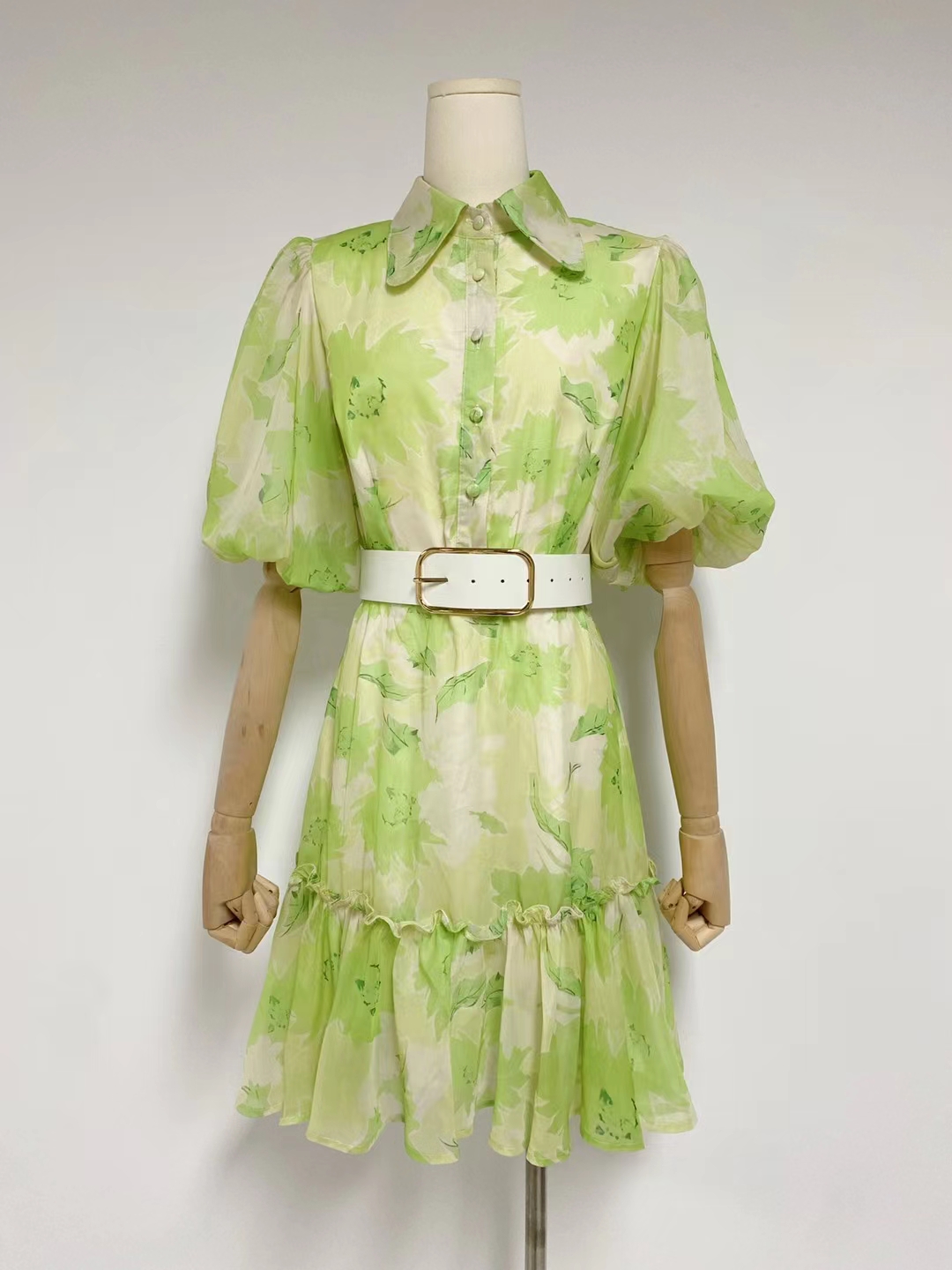 

Pastoral Fresh Fishtail Dress Spring/Summer Polo Neck Bubble Sleeve Short Sleeve With Belt Waist Wrapped Print Short Dress, Lavender