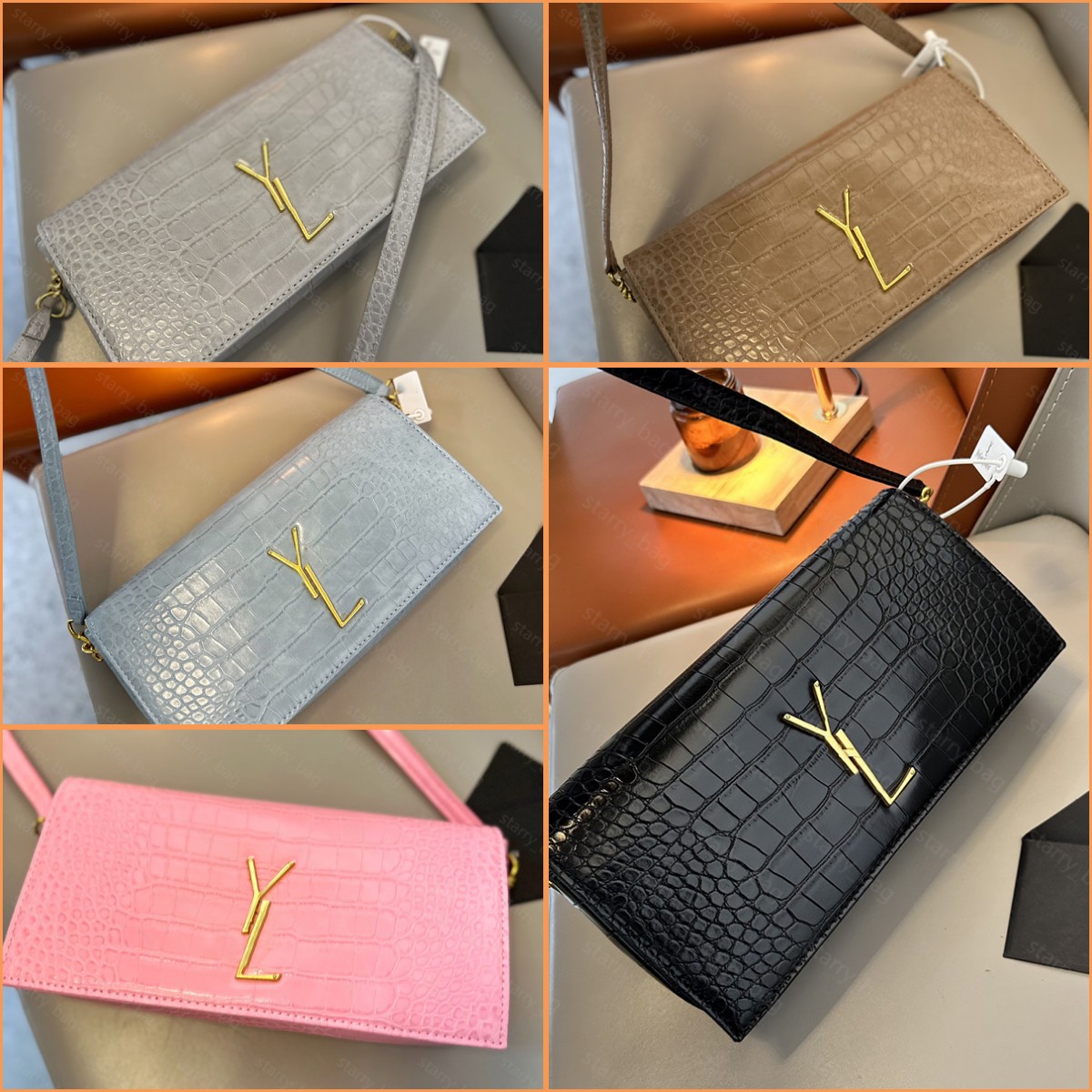 

New Designer Bags Baguette Shouder Bag Evening Crossbody Sly Handbags Crocodile Grain Leather Womens Handbag Pruse Letters Underarm Bag, Blue