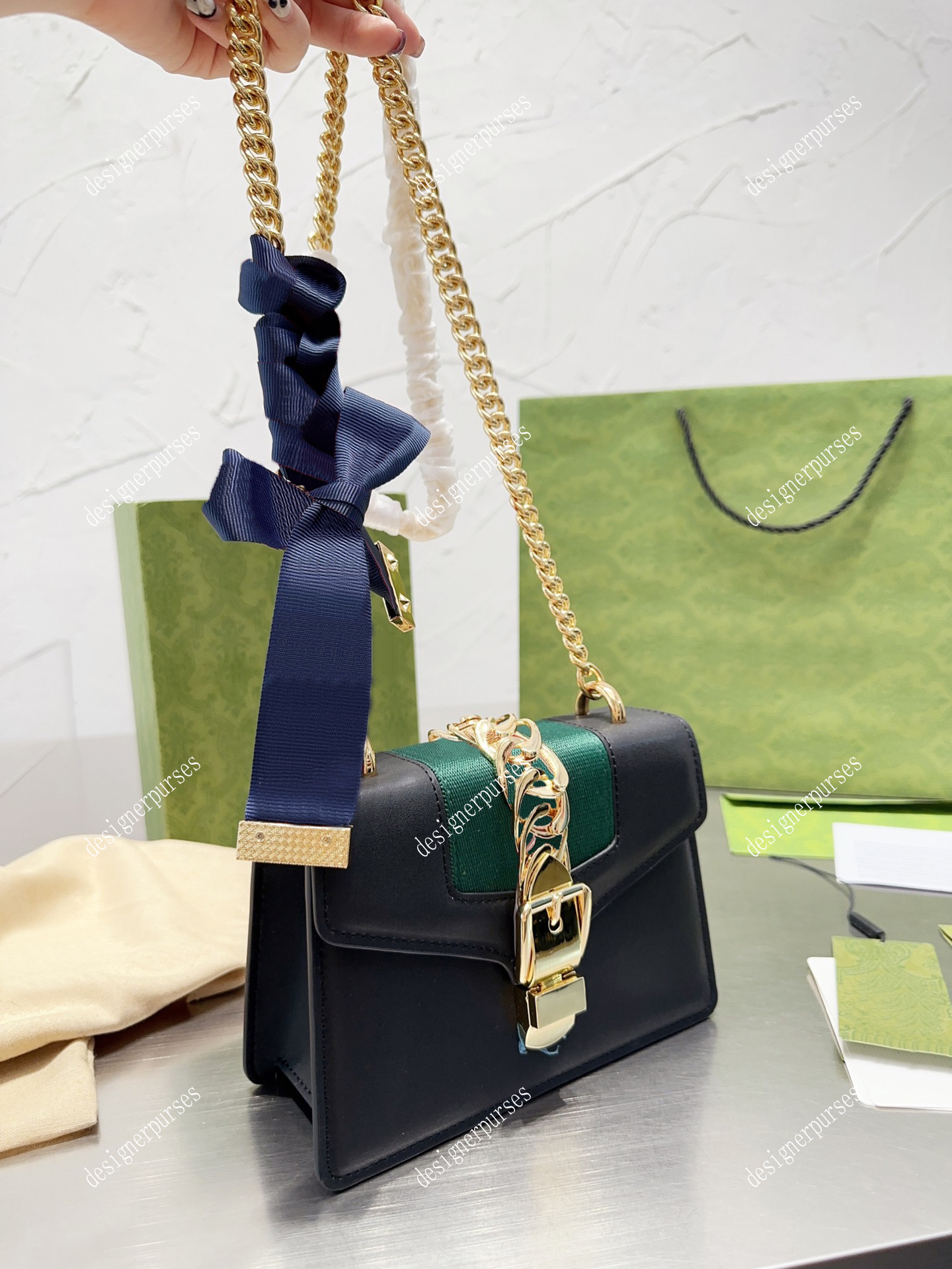 TZ Sac de luxe en cuir de vachette marine série Sylvie sac à main classique ruban rouge vert chaîne en métal doré sac à bandoulière femme mode to