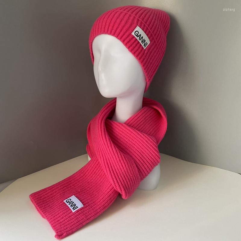 Wide Brim Hats GANNI Brand Winter Knitted Scarf Hat Set Thick Warm Skullies Beanies For Women Outdoor Snow Riding Girl 2 Piece