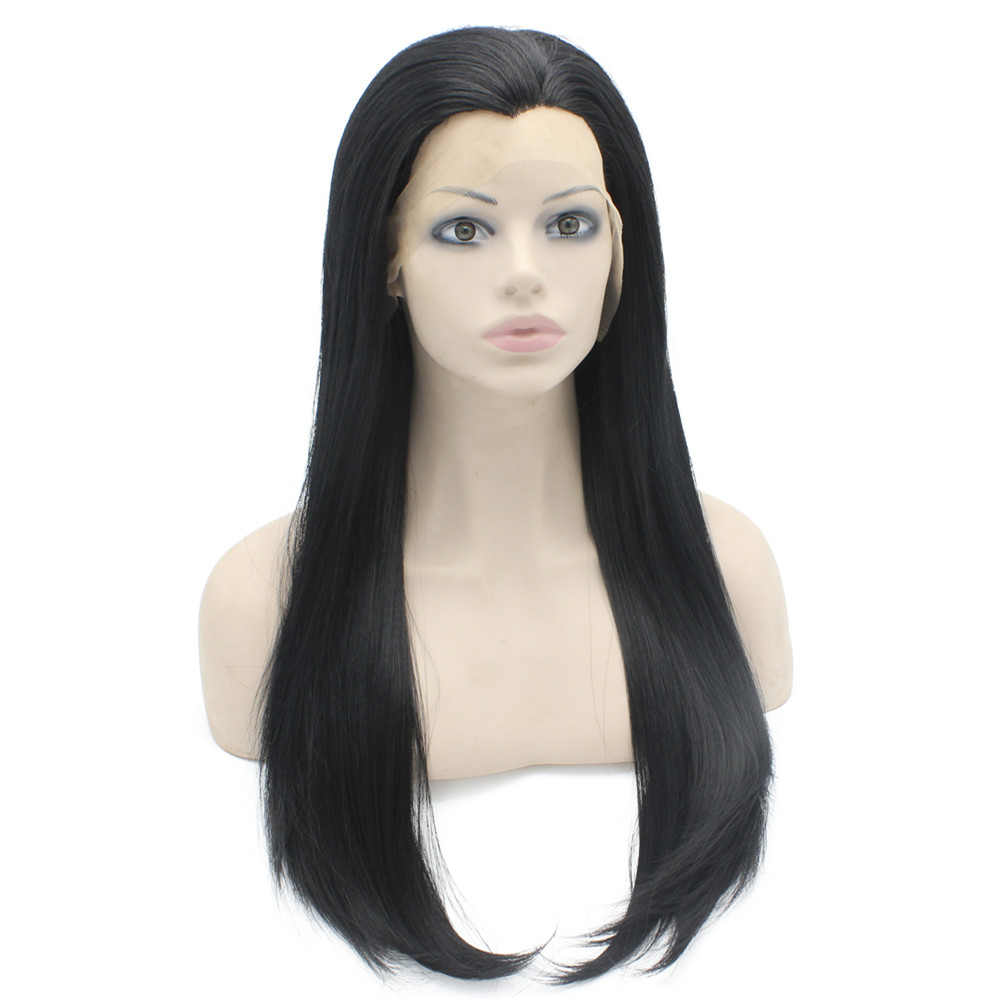 

24" Long #1 Black Wig Silky Straight Heat Friendly Synthetic Hair Lace Front Wig
