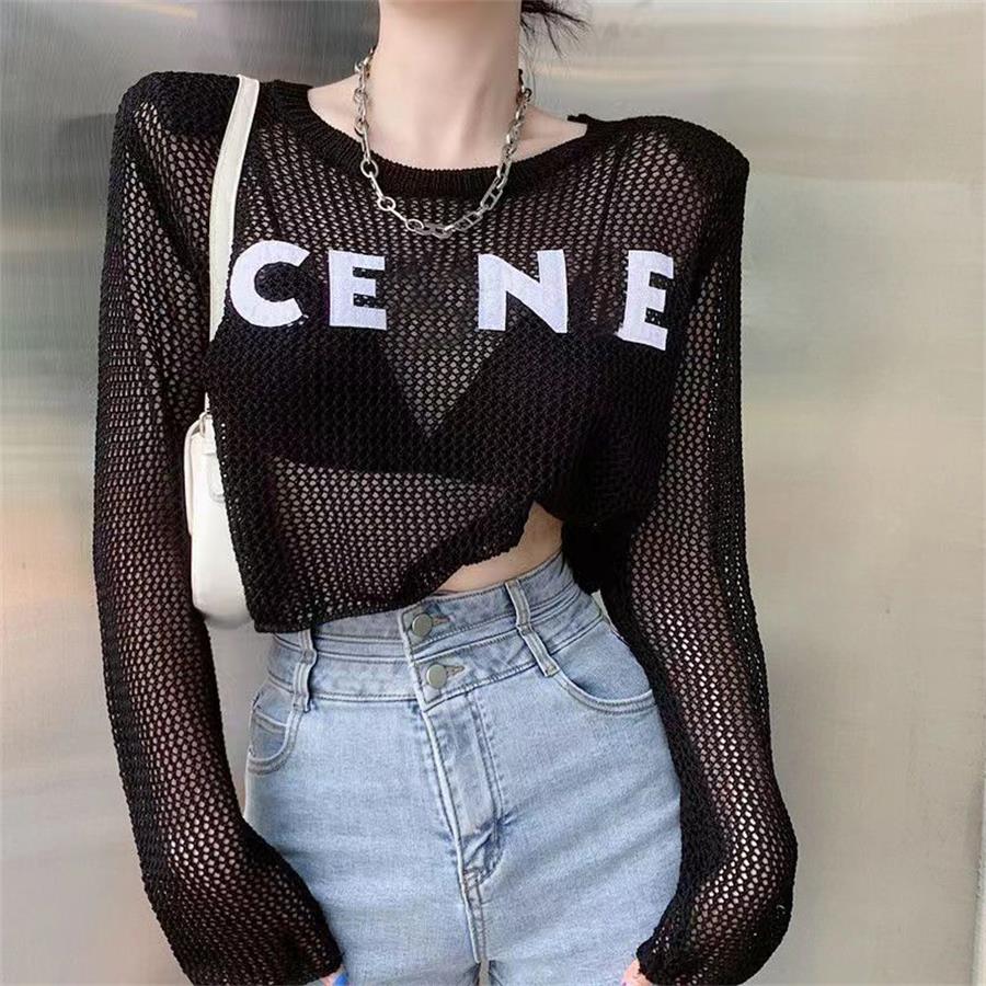 

2023Letter-printed hollowed-out T-shirt for women's summer new design sense Small crowd loose short long-sleeved sunscreen shirt top, Black