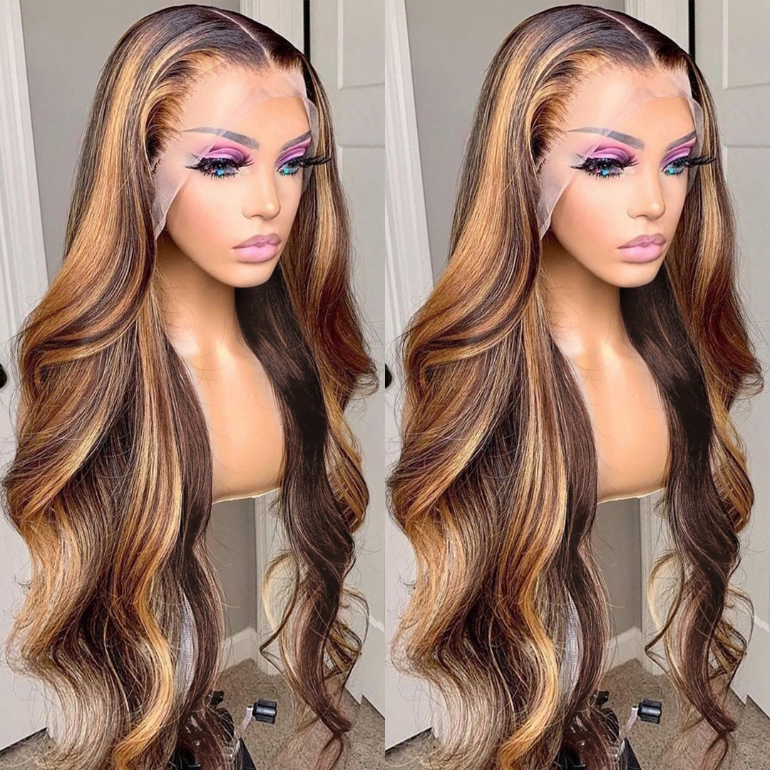 

Highlight Wig Body Wave Ombre Lace Front Human Hair Wig For Women Brazilian 30 Inch T Part Honey Blonde Lace Frontal Wig 250%, Others color