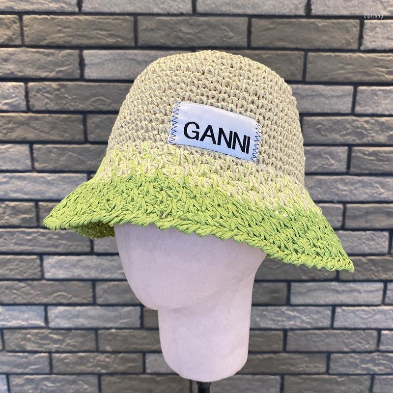 Wide Brim Hats GANNI Papygrass Hand-woven Gradient Color Spring Summer Fisherman's Hat Sunscreen Hollowed Out Foldable Breathable