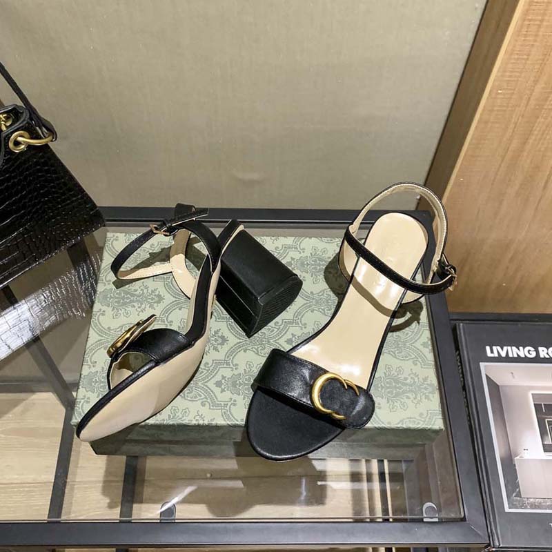 

Classics Women High heel Sandals fashion shoes Beach Alphabet lady Leather slides black white Designer Heels, #6