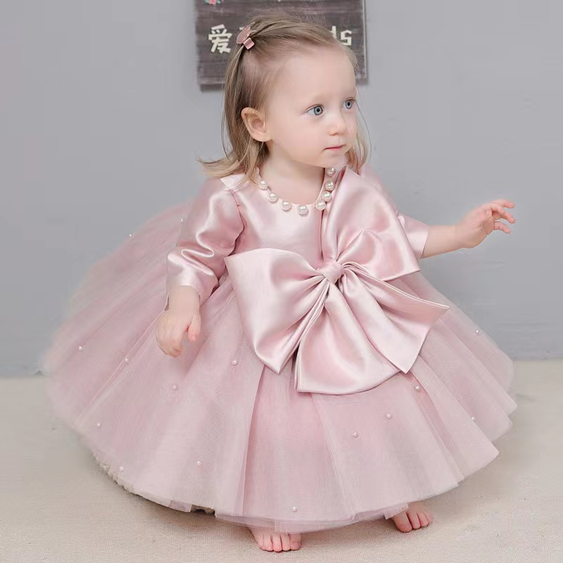 Jolies robes de demoiselle d'honneur de mariage rose, robe de bal à col transparent, robes de fête d'anniversaire pour enfants, nœud papillon per