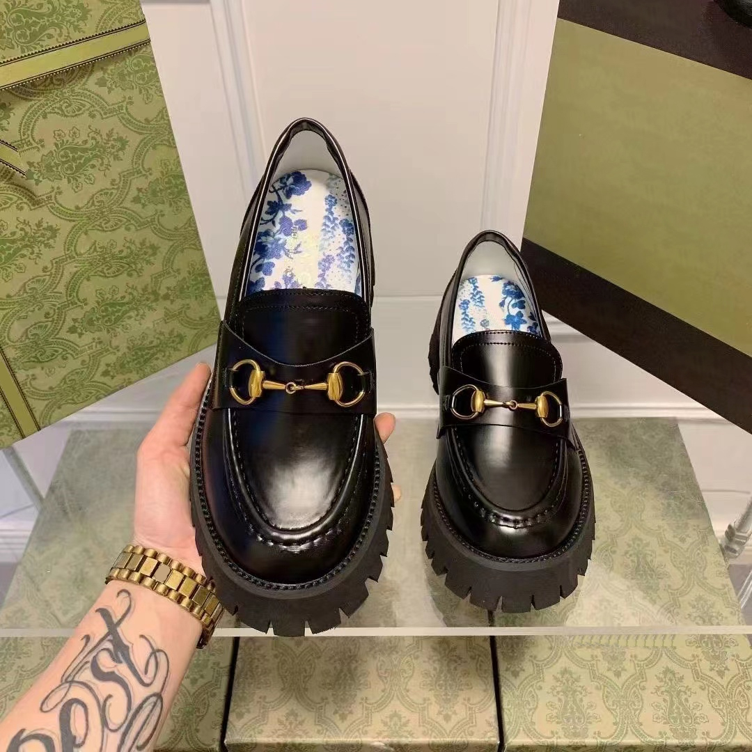 

leather lug sole loafer designer casual shoes luxurious calfskin loafers thick bottom black women gold buckle platform shoe formal loafers size 35-41