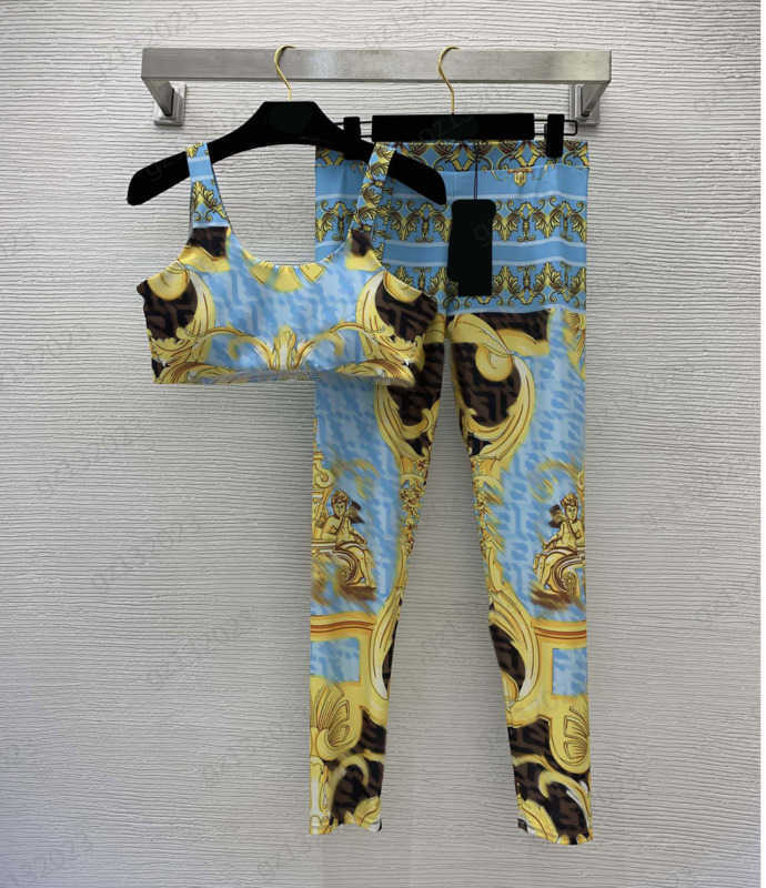 

Womens Yoga Two Piece Pants Colorful Printed Chest Pad Design Irregular Vest Tops Match Tight Leggings High Stretch Yoga Tracksuits Women Clothing 1970
