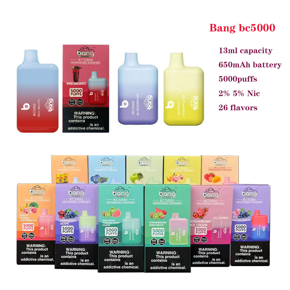 

Bang BC5000 5000 box Disposable E cigarettes Box 5000Puffs Vape Pen 13ml Pre-filled Pods Cartridge 650mAh Rechargeable Battery Vaporizer ultra bar xxl randm tornado