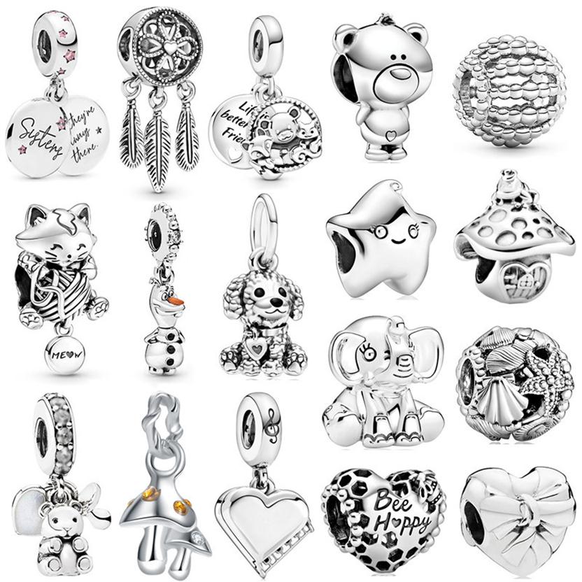 

925 Silver Charm Beads Dangle 1Pcs New Cute Silver Star Cat Elephant Mushroom Bear Pendant Bead Fit Pandora Charms Bracelet DIY Jewelry267b