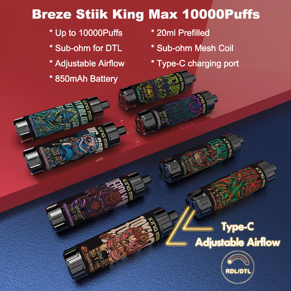 

new disposable vape Breze Stiik King Max 10000 puffs flavors e cigarette sub-ohm mesh coil pod 20ml 1% vapes airflow adjustable 8 colors vaporizer pen vs randm tornado