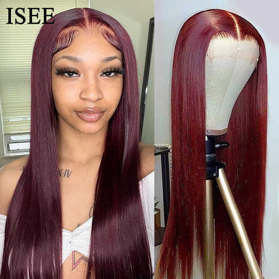 

ISEE YOUNG 99J Bone Straight Lace Frontal Wigs For Women Burgundy Colored Straight Lace Closure Wigs Wine Red Human Hair Wigs, 13x4 hd lace wig