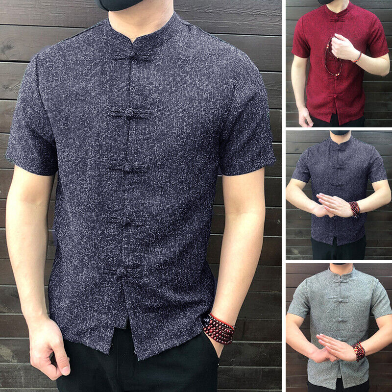 

Mens Chinese Style Short Sleeve T Shirts Loose Casual Kung Fu Blouse Shirt Tops, Black