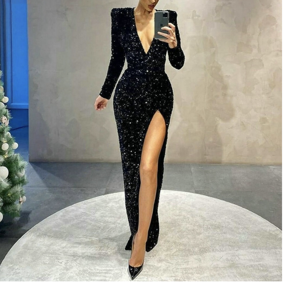 

Black Mermaid Evening Gown Sexy Slim Fit Custom Made Women Evening Dresses Long Sleeves Sequined Side Split Robe De Soiree, Lavender