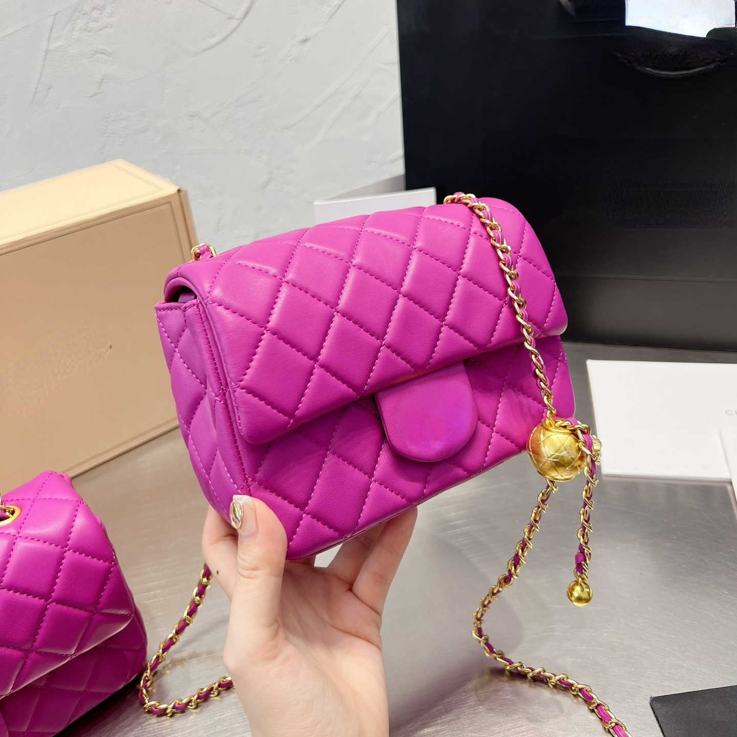 

Shoulder bag women's designer chain small golden ball handbag luxury channel fashion bag C4167, Beige