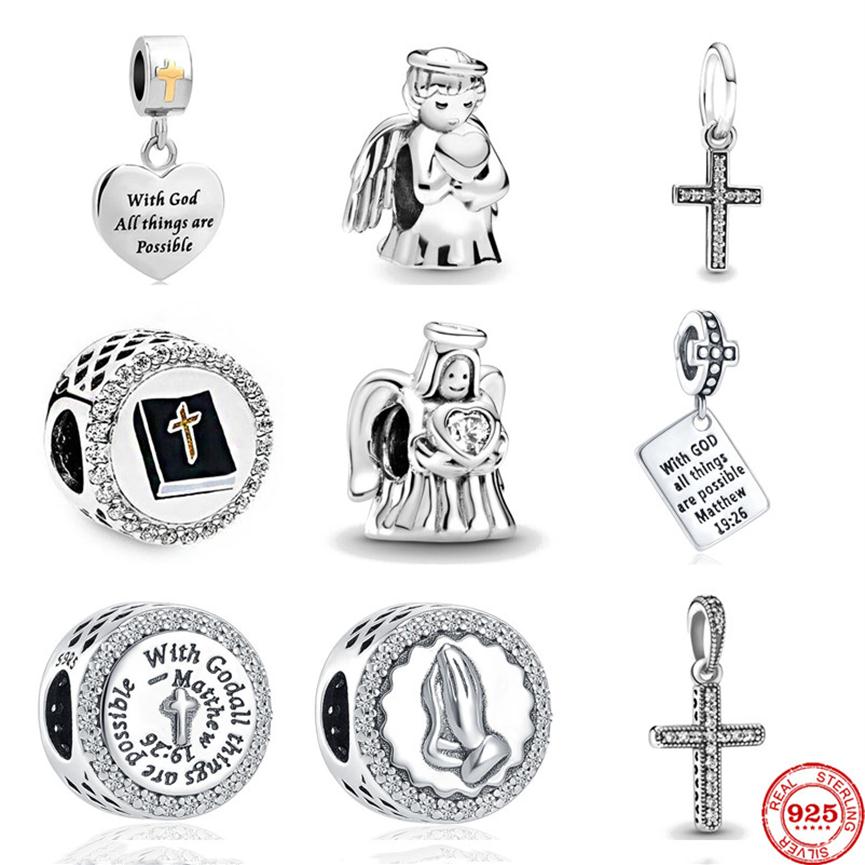 

925 Sterling Silver Dangle Charm New Bible Cross Angel Jesus God Bead Fit Pandora Charms Bracelet DIY Jewelry Accessories264z