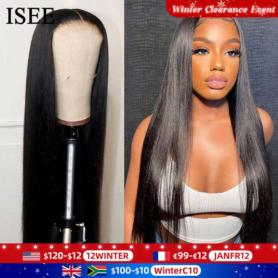 

ISEE 100% Glueless Human Hair Wigs Straight Lace Frontal Wigs For Women Quick Easy Install Glueless Wigs HD Lace Wear And Go Wig, Normal 13x4 lace wig