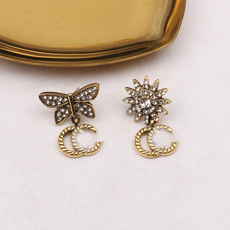 Simple 18K Gold Plated 925 Silver Luxury Brand Designers Mini Double Letters Stud Geometric Famous Women Flower Crystal Rhinestone Earring Wedding P