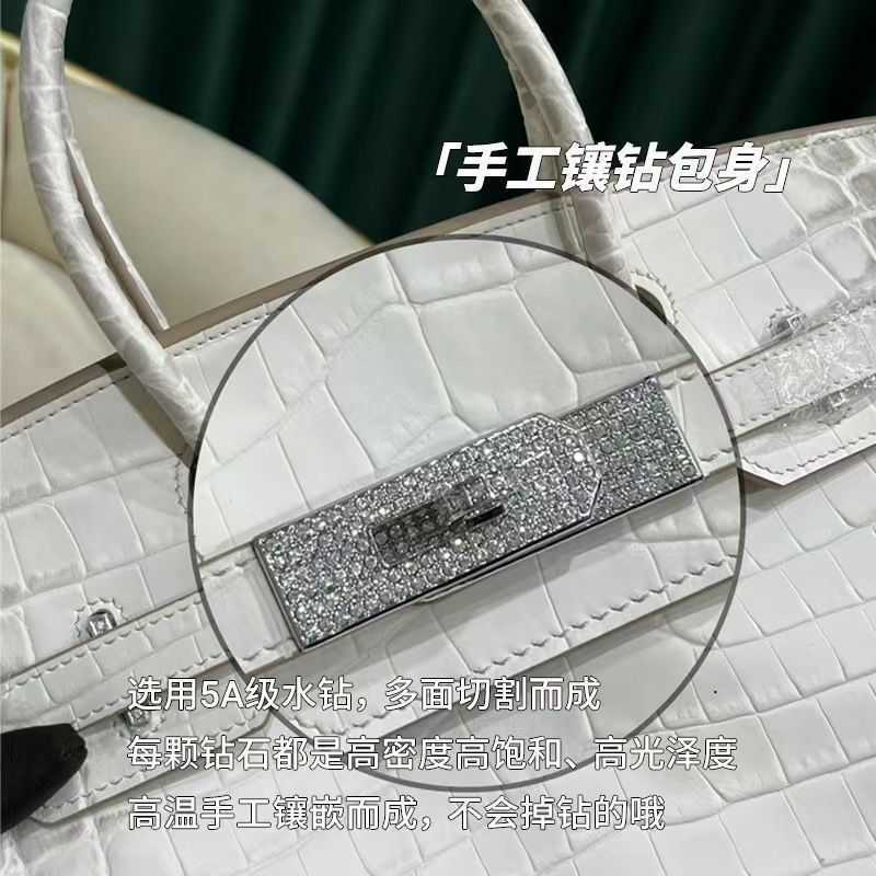 

Lady's Handbag Herme Birkin 2023 Himalayan white suit bk bag crocodile pattern diamond buckle cow leather lock handbag leather women's bag, Force-himalayan diamond buckle 30cm