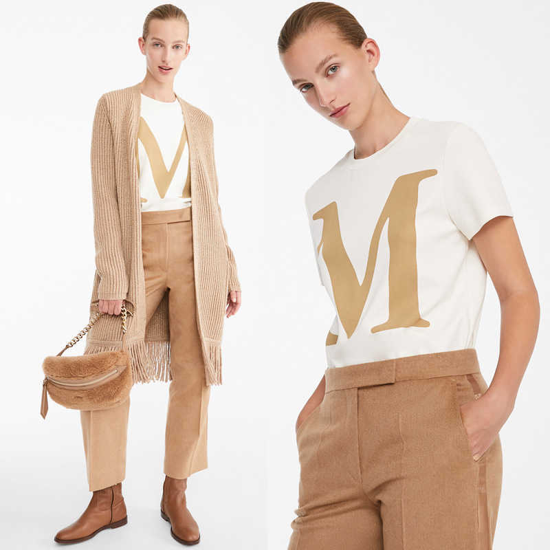 

Max Mara Women Designer T shirt Fashion Tops Classic Letter Printed Fabric Soft Cotton Short Sleeve T-shirt, White
