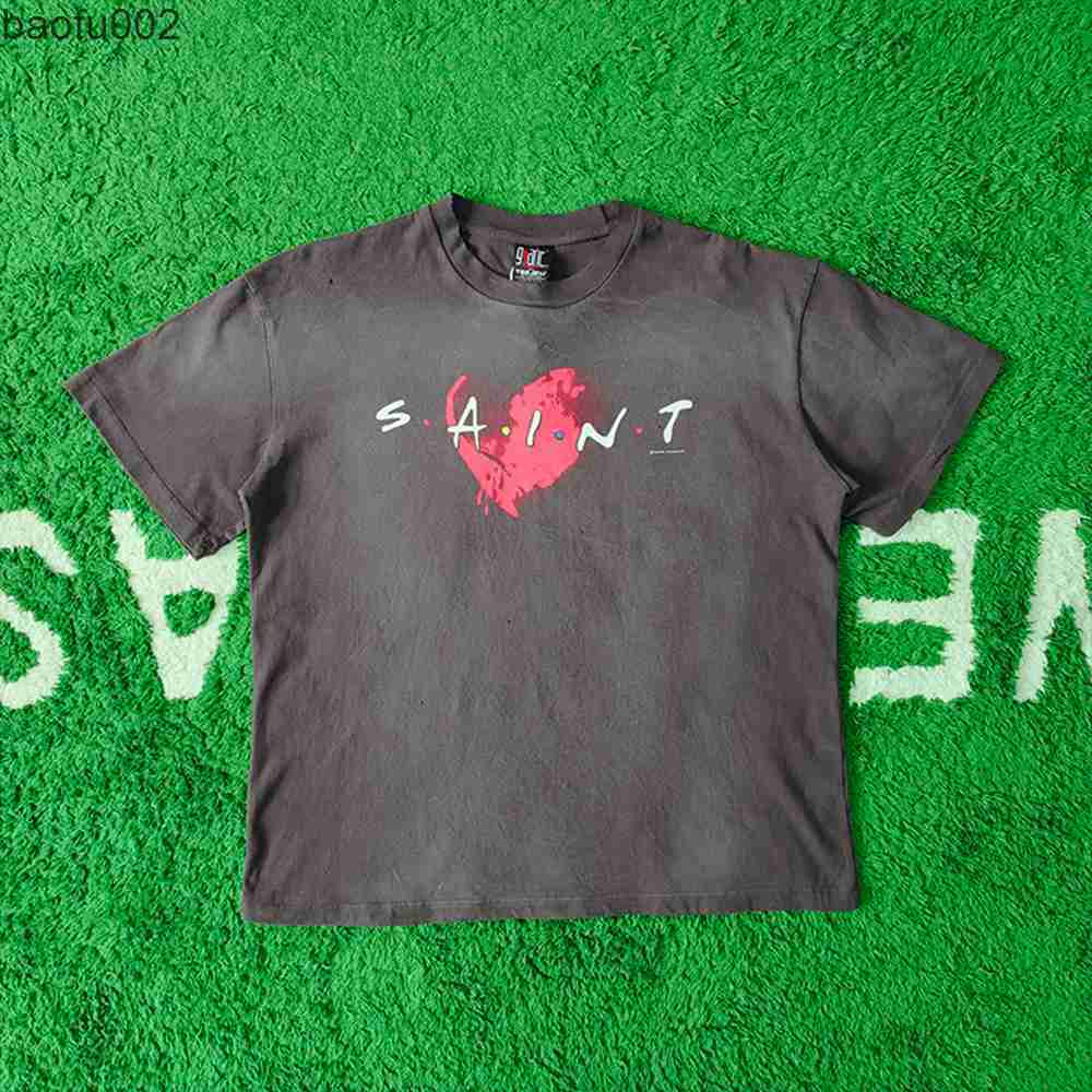 Men's T-Shirts Frog drift Fashion SAINT MICHAEL Love print Old vintage washed Oversize Loose short sleeve T-shirt tee for men L230216