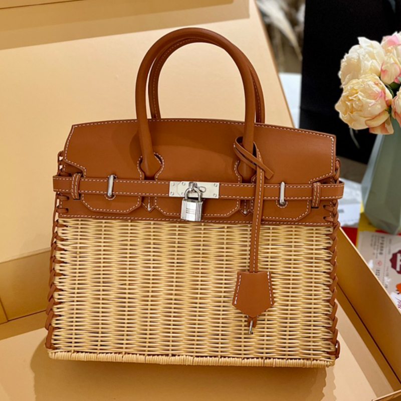 

Handbags Straw Bag Large Capacity Tote Bags Fashion Woven Genuine Leather Women Shoulder Purse Silver Hardware Latch Summer Travel Picnic Bucket Vegetable Basket, Multi-color