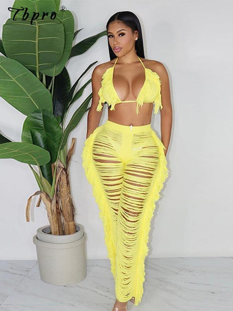 

Womens Two Piece Pants Summer Tassel Feather Women 2 Sets Sexy V Neck Bra Top And Hollow Out Pants Set Female Fashion Beach Party Outfits 230216, Orange 2