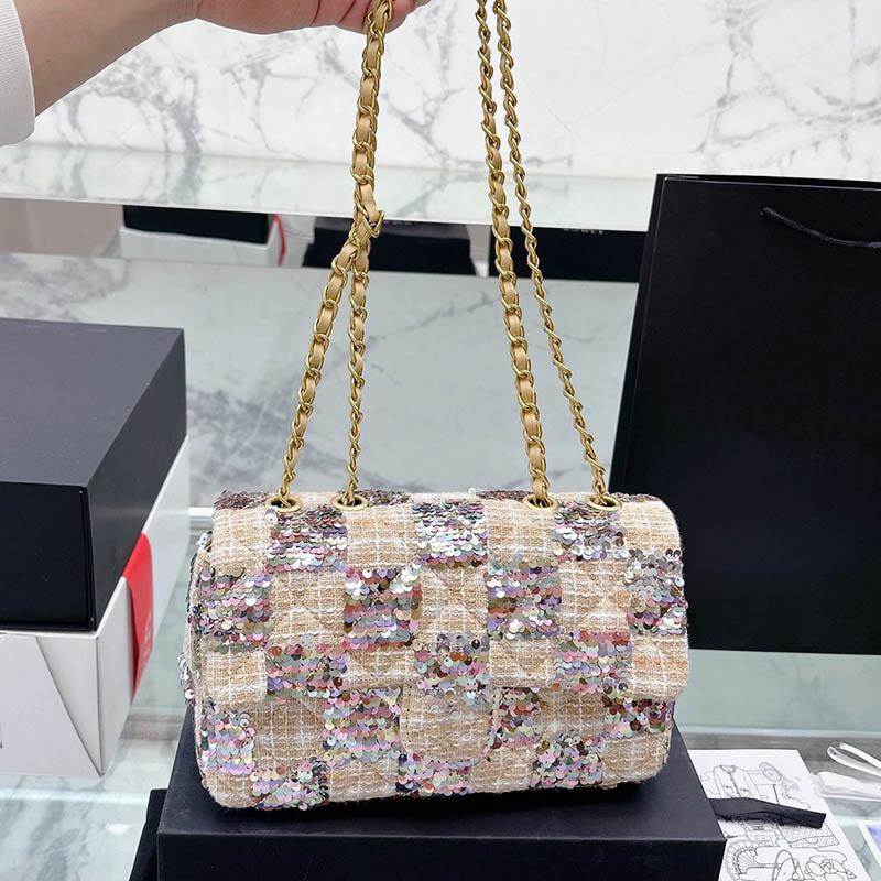 

Tweed Sequins Large Capacity Women Classic Shoulder Bag Quilted Diamond Lattice Outdoor Versatile Designer Handbags Luxury Shoulder Bag Multi Pochettes 26CM, Box