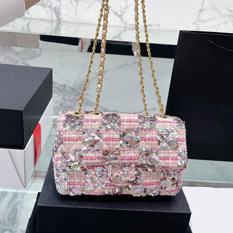 

Shoulder Bags 23Ss Womens Designer Classic Single Flap Sequins Bags Rectangular Gold Metal Hardware Matelasse Chan Crossbody Shoulder Quilte, Box