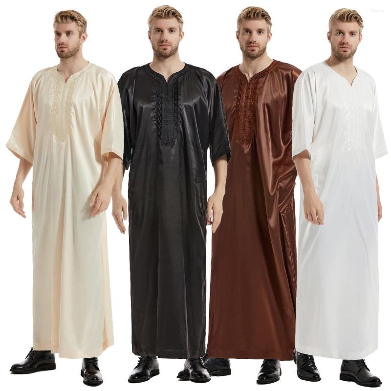 

Ethnic Clothing 2023 Muslim Robes Men Jubba Thobe Short Sleeves Solid Color Satin Breathable Islamic Traditional Arabic Kaftan Abaya