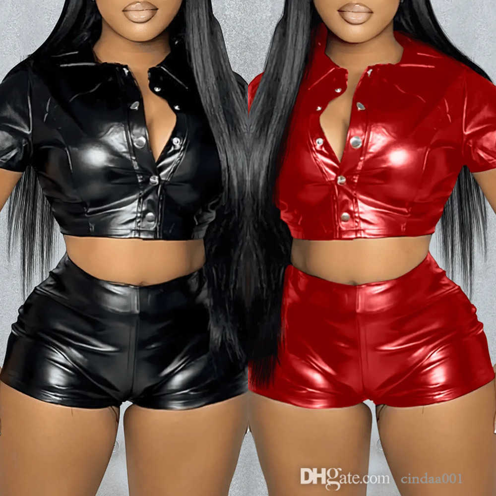 

Sexy PU Tracksuits Women New Breasted Waist Short Sleeve Imitation Leather Shirt Shorts For 2023 Spring and summer, Black