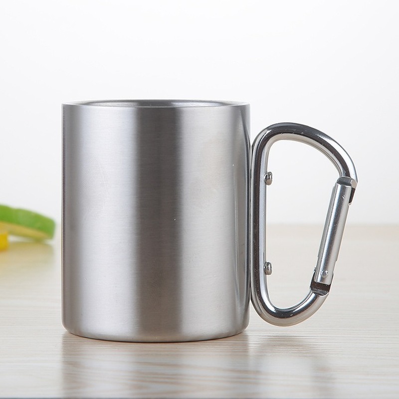 

200/300ml Camping Travel Stainless Steel Cup Carabiner Hook Handle Picnic Water Mug Outdoor Travel Hike Cup Double Cup with small mouth, Silver1