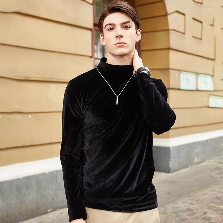 

Men's T Shirts Plus Size Spring Autunm Men Velour Shirt Solid Color Turtleneck Long Sleeve Leisure Undershirt Streetwear Winter Velvet Tops, Black