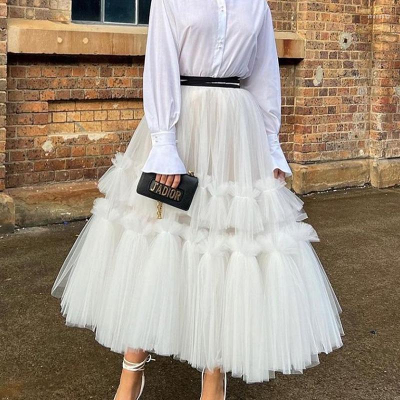

Skirts High Waist Fluffy Midi Length Skirt A-line Tulle Dress Ever Pretty Ruffles Long Custom Made White Women Clothing, Blue