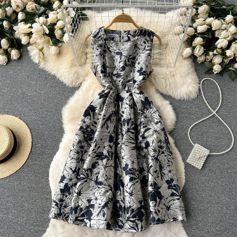 

Casual Dresses Slim Waist Personality Print Sleeveless Undershirt Jacquard Vacation Dress Woman, Black