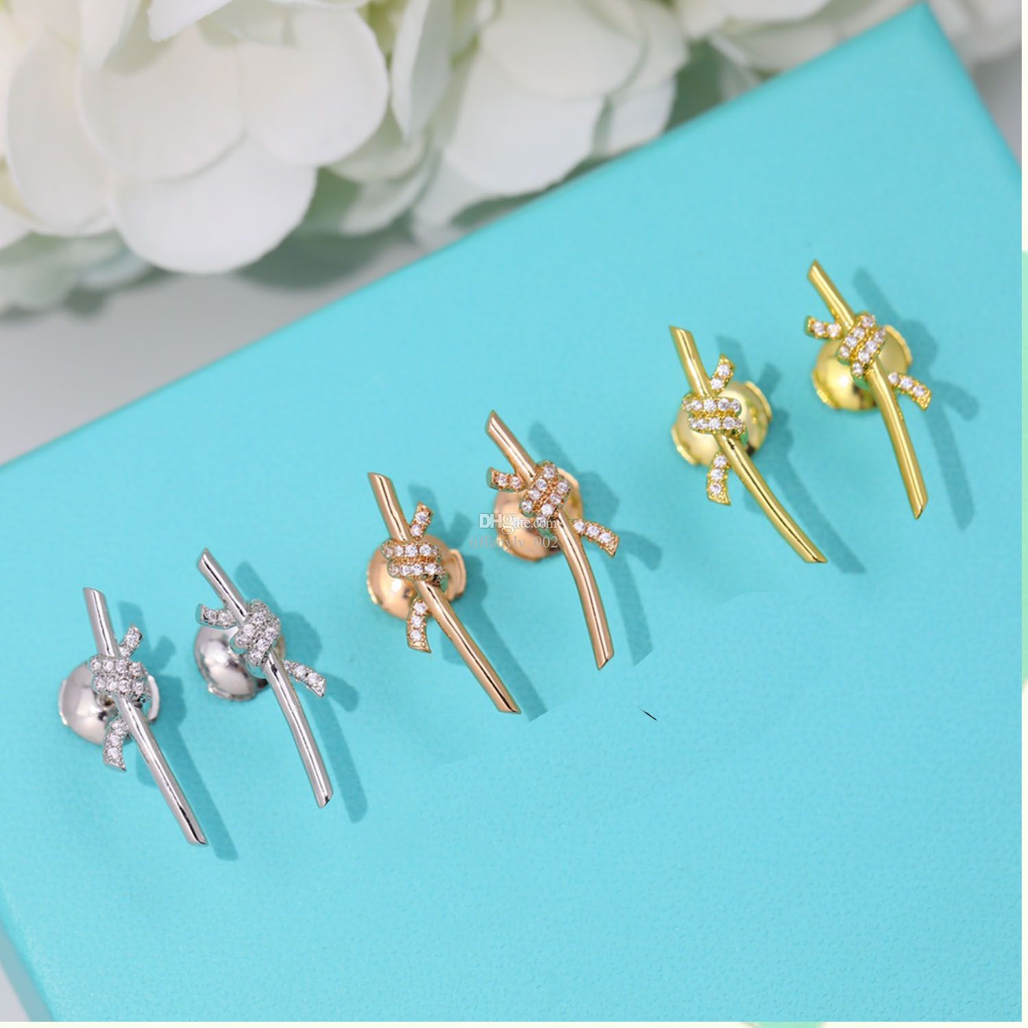 

tiffany Womens Knot short earrings Studs Designer Jewelry half drill Studs gold/silvery/rose Full Brand as Wedding Christmas Gift
