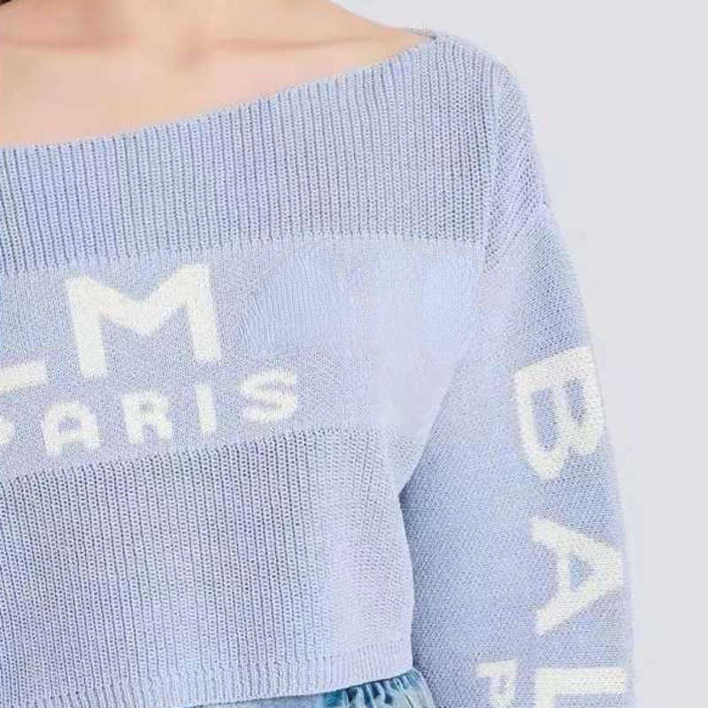 

Women's sweater designer shirt letter jacquard hoodie one word collar pullover sweatshirt outerwear loose and thin short long-sleeved T-shirt, White