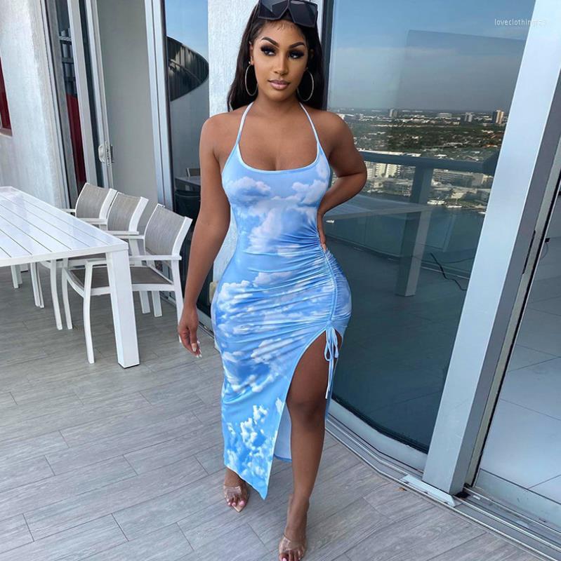 

Casual Dresses BKLD Tie Dye Clouds Print Halter Open Back Dress Drawstring Ruched Bandage Bodycon Female Sexy Thigh Split Long 2023, Blue