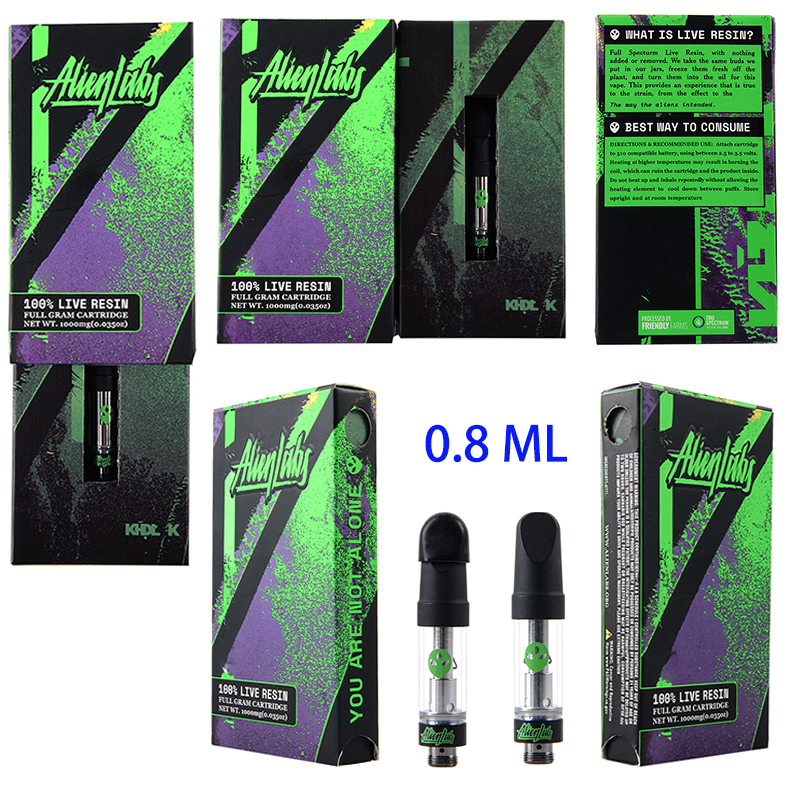 

New Alienlabs Atomizer 0.8ml Vape Cartridges Packaging 8 Flavors Ceramic Coil Carts Thick Oil Glass Tank Vaporizer 510 Thread Empty Alien Labs Live Resin E Cigarettes