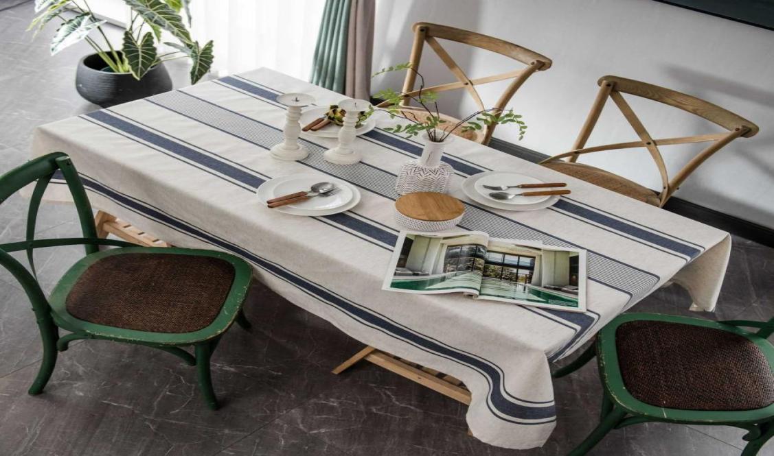 

Table Cloth Vintage Linen Cotton Striped Tablecloth For Home Table Decoration Dustproof Dining Party Banquet Table Runner Mantel M5816308, Blue