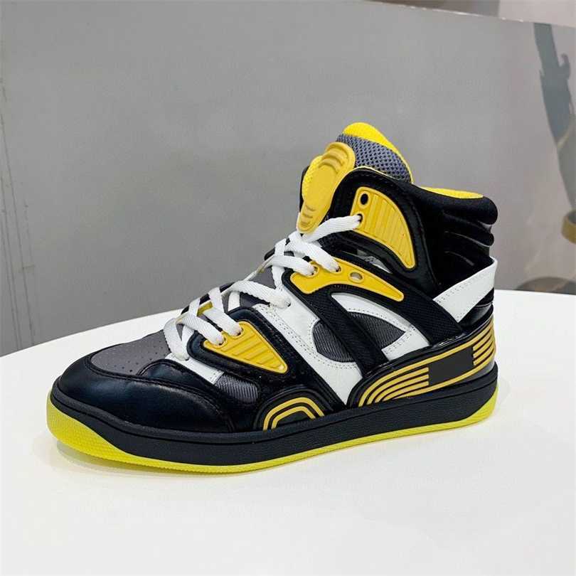 

Men Basketball shoes man Flat Casual boot Travel 100% leather lace-up Runner Sneakers woman Letters Martin boots fashion High top women designer Trainers size 35-42-45, Black + yellow